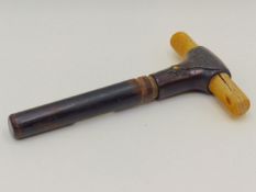 A 19TH.C.IVORY MOUNTED ROSEWOOD SWORD STICK HANDLE WITH SHORT SHAPED SPINE BLADE, THE WALKING