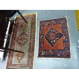 AN UNUSUAL ANTIQUE PERSIAN SERAB SMALL RUG 138X60CMS AND AN ANTIQUE PERSIAN AFSHAR BAG FACE.