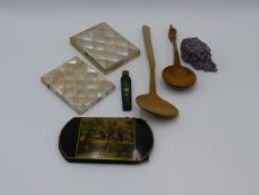 TWO EARLY 20TH.C.MOTHER OF PEARL CARD CASES, A PAINTED PAPIER MACHE CASE, A GLASS SCENT PHIAL, TWO