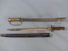 A 19TH.C.GERMAN HUNTING HANGER TOGETHER WITH A BRITISH MILITARY BAYONET.