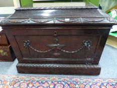 A GOOD ANTIQUE MAHOGANY ADAMS STYLE SARCOPHAGUS FORM CELLARETTE. 92CMS WIDE