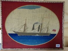 A RAISED RUNNING STITCH THREADWORK PICTURE OF A STEAM NAVAL FRIGATE.