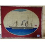 A RAISED RUNNING STITCH THREADWORK PICTURE OF A STEAM NAVAL FRIGATE.