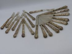 A MATCHED SET OF TWELVE SILVER HALLMARKED TEA KNIVES AND FORKS. TOWN MARK LONDON. CIRCA 1858 ON