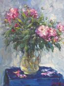 ALEXANDER KOLOTILOV (B.1946) RUSSIAN, STILL LIFE OF PEONIES IN A VASE,SIGNED,OIL ON CANVAS,