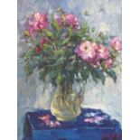 ALEXANDER KOLOTILOV (B.1946) RUSSIAN, STILL LIFE OF PEONIES IN A VASE,SIGNED,OIL ON CANVAS,