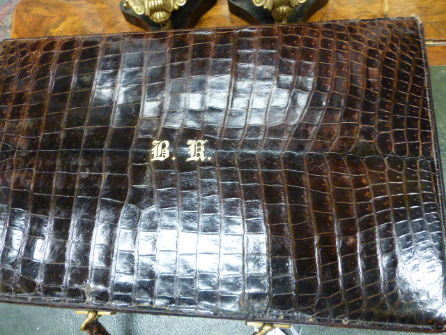 A SMALL CROCODILE SKIN DRESSING CASE WITH BRAMAH LOCK. (WIDTH 38 CMS.). - Image 3 of 4