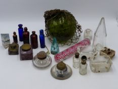 AN INTERESTING COLLECTION OF 19TH.C.AND LATER GLASS BOTLES, INKWELLS, PAPERWEIGHTS AND ORNAMENTS.