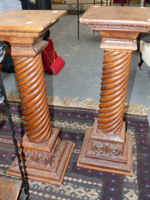 A PAIR OF CARVED HARDWOOD SPIRAL COLUMN PEDESTALS. 83CMS.HIGH - Image 2 of 16