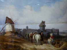 ENGLISH SCHOOL (19TH CENTURY), FIGURES AND HORSES BY A CASTLE, OIL ON CANVAS ON PANEL, 23.5 X 33.