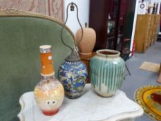 A PERSIAN BALUSTER FORM POTTERY VASE MOUNTED AS A LAMP, A JAPANESE BOTTLE FORM VASE AND A BALUSTER