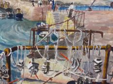 CHARLES BREAKER (20TH CENTURY) (ARR), FISHING BOATS AND FISHERMEN, SIGNED AND DATED 49, WATERCOLOUR,