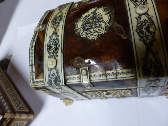 AN EARLY 20TH.C.TORTOISESHELL AND IVORY MOUNTED DOME TOP CASKET ON CARVED PAW FEET TOGETHER WITH TWO - Image 4 of 27