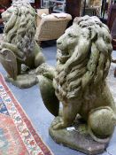 AN IMPRESSIVE PAIR OF ANTIQUE CARVED MARBLE FIGURES OF HERALDIC LIONS, EACH IN SEATED POSITION