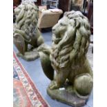 AN IMPRESSIVE PAIR OF ANTIQUE CARVED MARBLE FIGURES OF HERALDIC LIONS, EACH IN SEATED POSITION