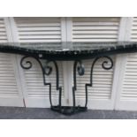 A SHAPED MARBLE TOP AND WROUGHT IRON 1930'S DESIGN CONSOLE TABLE. 114CMS. WIDE X 62CMS. HIGH