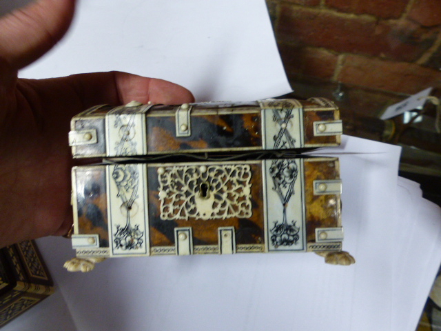 AN EARLY 20TH.C.TORTOISESHELL AND IVORY MOUNTED DOME TOP CASKET ON CARVED PAW FEET TOGETHER WITH TWO - Image 7 of 27