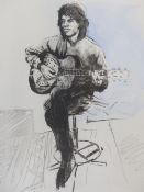 RONNIE WOOD (B.1947) (ARR), MICK JAGGER, SIGNED AND TITLED "MICK WITH GUITAR", COLOUR PRINT, 47 X