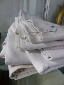 FIVE WHITE FRENCH LINEN SHEETS AND CLOTHS, ONE LATTICE BORDERED AND PIQUETED.