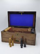 A VICTORIAN BURL WALNUT GAMES COMPENDIUM. FITTED INTERIOR WITH AN ASSORTMENT OF RELATED PIECES.