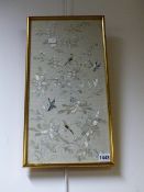 A CHINESE SILKWORK PANEL OF BIRDS AMIDST BLOSSOM. 46X23CMS.