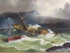 ROBERT MOORE (20TH CENTURY) (ARR), SHIPWRECK SCENE, SIGNED, OIL ON CANVAS, 71.5 X 123CM.