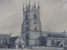 A 19TH CENTURY MONOCHROME WATERCOLOUR OF DEDDINGTON CHURCH, 23 X 34CM IN MAPLE FRAME TOGETHER WITH A