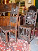 TWO EARLY CONTINENTAL CARVED AND INLAID SIDE CHAIRS.