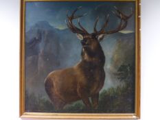 ENGLISH VICTORIAN SCHOOL, MONARCH OF THE GLEN AFTER LANDSEER, OIL ON CANVAS. 136X136CMS