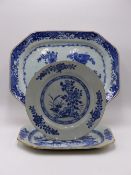 TWO CHINESE EXPORT BLUE AND WHITE MEAT PLATES, THE LARGEST, WIDTH 34CMS AND A SIMILAR PLATE. (3)