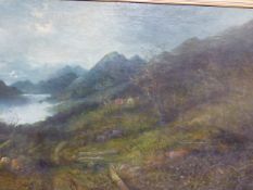 A LATE 19TH.C.ENGLISH SCHOOL HIGHLAND LANDSCAPE WITH COTTAGES, OIL ON CANVAS. 52X76CMS.