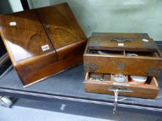 A VICTORIAN BURL WALNUT SLOPE TOP FITTED STATIONERY CABINET TOGETHER WITH A BRASS MOUNTED OAK FITTED