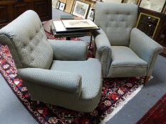 TWO EDWARDIAN BUTTON BACK ARMCHAIRS, RECENTLY RE UPHOLSTERED IN MATCIHING FABRIC.