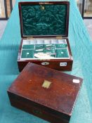 A VICTORIAN ROSEWOOD SEWING BOX AND A SIMILAR MAHOGANY EXAMPLE