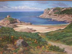 H.J.SQUIRES (ENGLISH 20TH.C) LOW TIDE, PORTLET BAY, JERSEY, SIGNED OIL ON CANVAS. 61X92CMS.