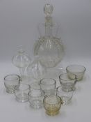 GROUP OF ANTIQUE AND LATER GLASS TO INCLUDE THREE BLOWN BOTTLES, ONE WITH TWIN HANDLES AND ETCHED