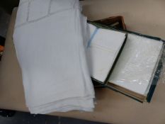 TWO BOXED FINE LINEN IROSH SHEETS TOGETHER WITH FINE FRENCH TABLE CLOTHS, ONE HEAVILY LATTICED AND