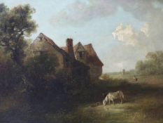 ENGLISH SCHOOL (18TH/19TH CENTURY), HORSE, DOG AND FIGURES IN A LANDSCAPE, OIL ON CANVAS, 38.5 X