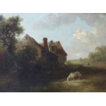 ENGLISH SCHOOL (18TH/19TH CENTURY), HORSE, DOG AND FIGURES IN A LANDSCAPE, OIL ON CANVAS, 38.5 X