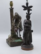 AN EARLY 20TH CENTURY ART NOUVEAU PATINATED METAL FIGUE OF A GIRL AT A WELL WITH INSET MOTTLE