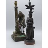 AN EARLY 20TH CENTURY ART NOUVEAU PATINATED METAL FIGUE OF A GIRL AT A WELL WITH INSET MOTTLE