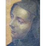 A 19TH CENTURY OIL ON CANVAS PORTRAIT OF A SAINT AFTER THE OLD MASTERS, 36 X 26CM.