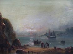 J. RICHARD (19TH CENTURY), HARBOUR SCENE AT DUSK, SIGNED INDISTINCTLY, OIL ON CANVAS, 24 X 34CM.