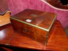 A VICTORIAN BRASS BOUND ROSEWOOD CAMPAIGN STYLE WORK BOX TOGETHER WITH TWO STATIONERY BOXES (3)