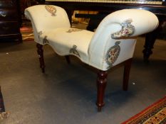 A 19TH.C.MAHOGANY FRAMED WINDOW SEAT WITH SCROLL ENDS.