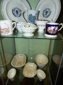 FIVE ANTIQUE POTTERY MOULDS AND VARIOUS VICTORIAN TRANSFER PRINTED WARES, ETC.