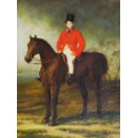 ENGLISH SCHOOL, PORTRAIT OF A HUNTSMAN ON A BAY HORSE.