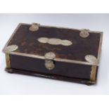 AN ANTHEMION DECORATIVE DESIGN WHITE METAL CORNER BOUND TORTOISE SHELL HINGED BOX WITH HINGED