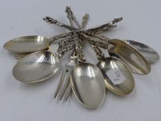 SIX APOSTLE TOPPED SILVER SPOONS, LONDON 1870, MENTON HALL & CO TOGETHER WITH TWO UNMARKED SIMILAR