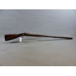 AN EARLY 8 BORE FLINTLOCK BALL GUN FOR BIG GAME. 47 INCH THREE STAGE BARREL, FULLY STOCKED WITH DEEP